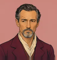Illustrated portrait of Renauld: about 55, dark brown streaked with grey, wavy, swept back, burgundy smoking jacket with a cream scarf