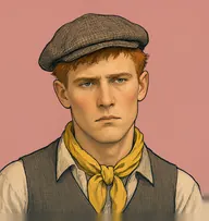 Illustrated portrait of Robert Grant: about 33, greasy ginger, cropped short, worn checked flat-cap and a yellow neckerchief