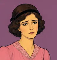 Illustrated portrait of Sonia Daviloff: about 26, dark chestnut, loose bobbed waves, rose-pink blouse with a lace collar