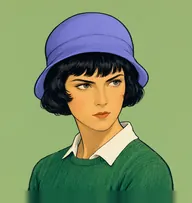 Illustrated portrait of Tuppence: about 22, glossy black bob with short fringe, a emerald-green knitted jumper over a white collar