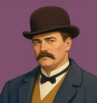 Illustrated portrait of Inspector Mansfield: about 46, brown, thinning, neatly parted, charcoal-blue overcoat over a mustard-yellow knitted waistcoat