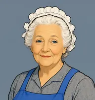 Illustrated portrait of Mrs. William: about 66, white, pinned in a small bun, cornflower-blue apron over grey print dress