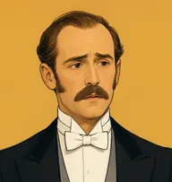 Illustrated portrait of Brunton: about 45, thinning chestnut, high forehead, centre-parted, black tailcoat with a dove-grey waistcoat