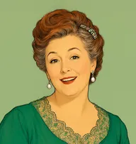 Illustrated portrait of Cecil Forrester: about 45, auburn hair streaked with grey, in an elegant upswept style, an emerald-green evening gown with a lace collar