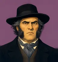 Illustrated portrait of Dr. Grimesby Roylott: about 58, wild, untidy black streaked with grey, black frock coat and gaiters, grey cravat