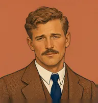 Illustrated portrait of Dr. Watson: about 38, short sandy-brown, neatly parted, tweed jacket in russet brown with a white high collar