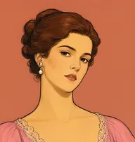 Illustrated portrait of Effie: about 28, chestnut, pinned in a chignon, rose-pink morning gown with lace trim