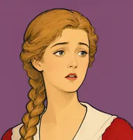 Illustrated portrait of Elise: about 28, honey-blond, one thick braid down the back, white-and-cherry-red woolen dress