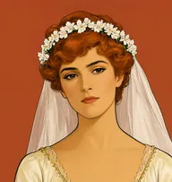 Illustrated portrait of Hatty Doran: about 23, copper-auburn, upswept in soft waves, gold-trimmed bridal ivory silk gown