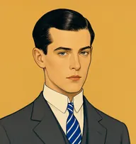 Illustrated portrait of Inspector Forrester: about 27, jet-black, razor-parted, charcoal suit with a cobalt-blue tie