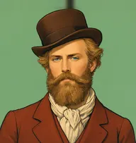 Illustrated portrait of Inspector Gregory: about 34, tawny-blond lion-like mane swept back, russet Norfolk jacket with a cream scarf