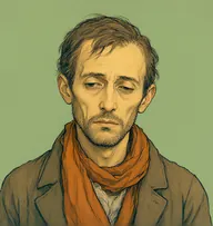 Illustrated portrait of Isa Whitney: about 40, lank, dull, thinning, crumpled coat, loose orange-brown scarf