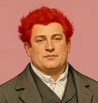 Illustrated portrait of Jabez Wilson: about 45, flaming red, bushy, shabby drab frock coat with a brass watch-chain and grubby white collar