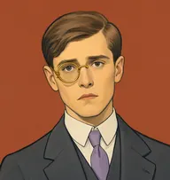 Illustrated portrait of John Openshaw: about 22, mousy-brown, flat side-parted, damp charcoal Ulster with a lilac tie