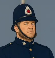 Illustrated portrait of John Rance: about 45, greying brown, cropped short, dark-navy police tunic with brass buttons
