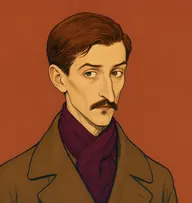 Illustrated portrait of Lestrade: about 42, sleek mouse-brown, plastered flat with widow's peak, fawn overcoat with a green tie