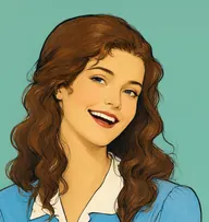 Illustrated portrait of Lucy Ferrier: about 19, long wavy chestnut, loose over shoulders, sky-blue cotton dress with white collar