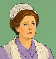 Illustrated portrait of Madame Charpentier: about 52, greying auburn, pinned in a bun, lavender wool dress with a white shawl