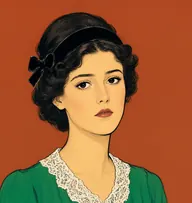 Illustrated portrait of Mary Holder: about 22, glossy black, coiled at nape, emerald-green dress with a white lace collar