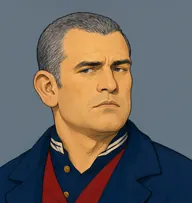 Illustrated portrait of McMurdo: about 42, cropped iron-grey hair, thinning at the crown, a navy porter's coat with brass buttons and a crimson waistcoat