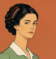 Illustrated portrait of Miss Harrison: about 24, glossy black in a braided coil, sage-green gown with a white collar