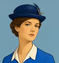 Illustrated portrait of Miss Hunter: about 27, chestnut brown pinned in a plain tidy bun, travelling dress in electric-blue wool with white collar