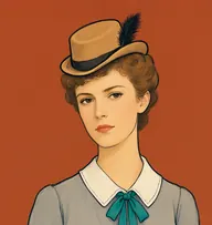 Illustrated portrait of Miss Morstan: about 26, light brown hair pinned up neatly, a dove-grey dress with a white collar and a teal ribbon
