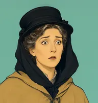 Illustrated portrait of Miss Stoner: about 30, brown with early white streaks, pinned back, fawn travelling cloak with a black veil pushed back