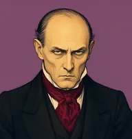 Illustrated portrait of Moriarty: about 60, thin black, receding from a domed forehead, black frock coat with a crimson silk cravat