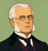 Illustrated portrait of Mr. Merryweather: about 58, white, thin, combed over, black frock coat with a plum waistcoat