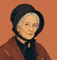 Illustrated portrait of Mrs. Sawyer: about 72, thin white wisps under bonnet, faded shawl in russet with a patched black dress