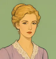 Illustrated portrait of Mrs. St. Clair: about 30, golden blond, loosely pinned up, pale mauve dress with a cream lace collar