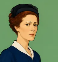 Illustrated portrait of Mrs. Straker: about 40, dark auburn in a tight bun, navy bombazine dress with a white collar