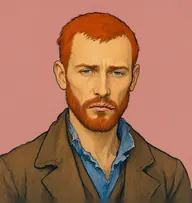 Illustrated portrait of Neville St. Clair: about 34, cropped orange-red, rough, ragged brown coat with a frayed blue shirt