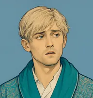 Illustrated portrait of Percy Phelps: about 28, pale flaxen, limp, falling over forehead, teal paisley dressing-gown over a white shirt