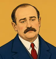 Illustrated portrait of Peter Jones: about 46, brown, thinning, navy-blue overcoat with a shiny red tie