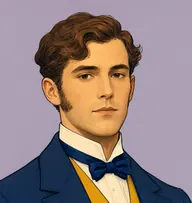 Illustrated portrait of Reginald Musgrave: about 27, chestnut-brown, wavy, soft side-sweep, navy hunting jacket with a saffron waistcoat