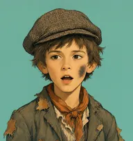 Illustrated portrait of Simpson: about 10, shaggy mousy-brown, sticking out, ragged patched jacket with a faded orange neckerchief