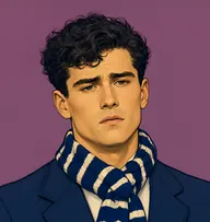 Illustrated portrait of Victor Trevor: about 25, unruly dark curls, navy blazer with a striped scarf