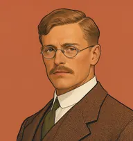 Illustrated portrait of Watson: about 38, sandy-brown, short, neatly parted, navy frock coat with a buff waistcoat