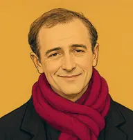 Illustrated portrait of Bob Cratchit: about 45, thinning sandy-brown hair, shabby black coat with a long comforter scarf in bright cranberry-red