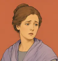Illustrated portrait of Caroline: about 30, light brown hair in a plain bun, modest lavender-grey shawl over a plain gown