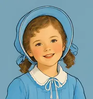 Illustrated portrait of Fan: about 8, light brown hair in two bunches with ribbons, sky-blue pinafore dress with a white collar and bonnet strings