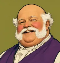 Illustrated portrait of Fezziwig: about 66, bald dome with a fluffy fringe of snowy white hair, plum-purple capacious waistcoat with a white stock