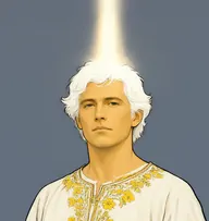 Illustrated portrait of Ghost of Christmas Past: about 40, pure white hair, flowing and glowing, white tunic trimmed with summer-flower yellow and a gold belt