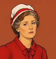 Illustrated portrait of Mrs. Cratchit: about 42, auburn hair going grey at the temples, pinned under a cap, twice-turned gown with ribbons in cheap bright cherry-red