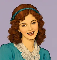 Illustrated portrait of Scrooge's niece: about 28, rich auburn ringlets worn loose to the shoulders, teal-blue gown with a lace fichu