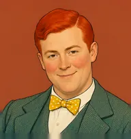 Illustrated portrait of Armstrong: about 33, bright carroty-red hair, crisply parted, tweed jacket in teal-green with a yellow bow tie