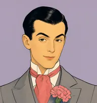 Illustrated portrait of Bredon: about 26, sleek jet-black hair, grey suit with a coral-pink cravat
