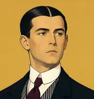 Illustrated portrait of Bunter: about 45, sleek brown hair parted in the middle, silvering slightly, black jacket with a wing collar and a steel-blue tie
